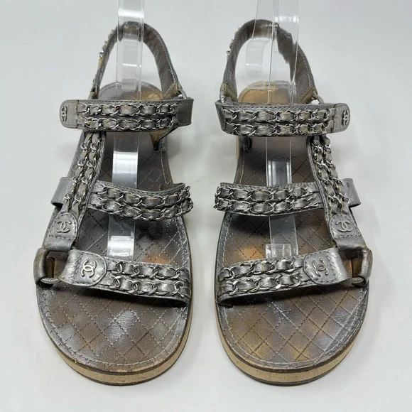 SOLD// Chanel Silver Metallic Chain Dad Sandals CC Logo Leather 40C 40 9 9.5 - Picture 14 of 14